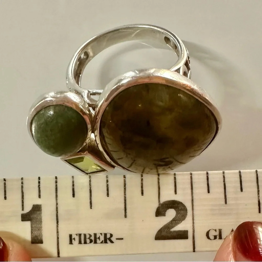 Elegant Labradorite, Peridot, Green Turquoise 925 Silver Cocktail Artisan Ring - Picture 9 of 15